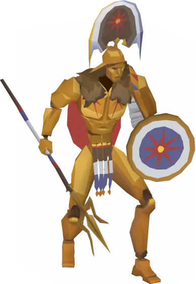 Sol Heredit in golden armour with his spear and shield